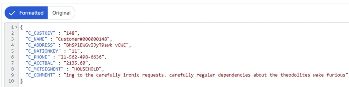 JSON data with customer information in formatted and unformatted modes