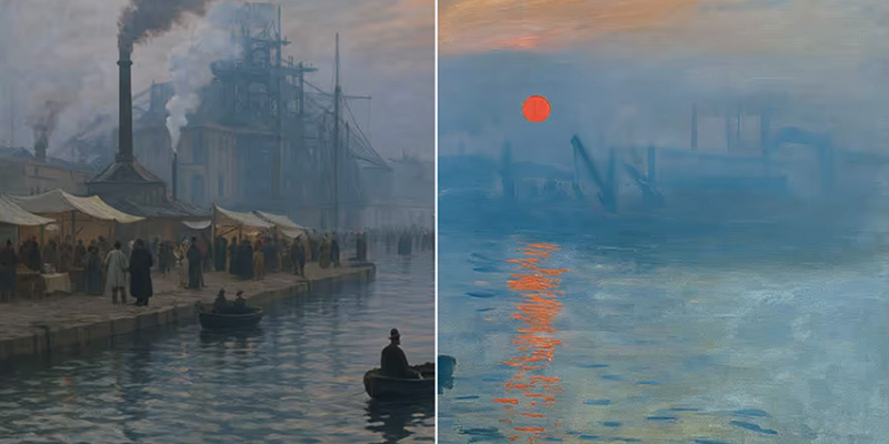 Gegenüberstellung eines scharfen und eines unscharfen Hafenmotivs im Stil von Claude Monet als Symbol für Datenqualität