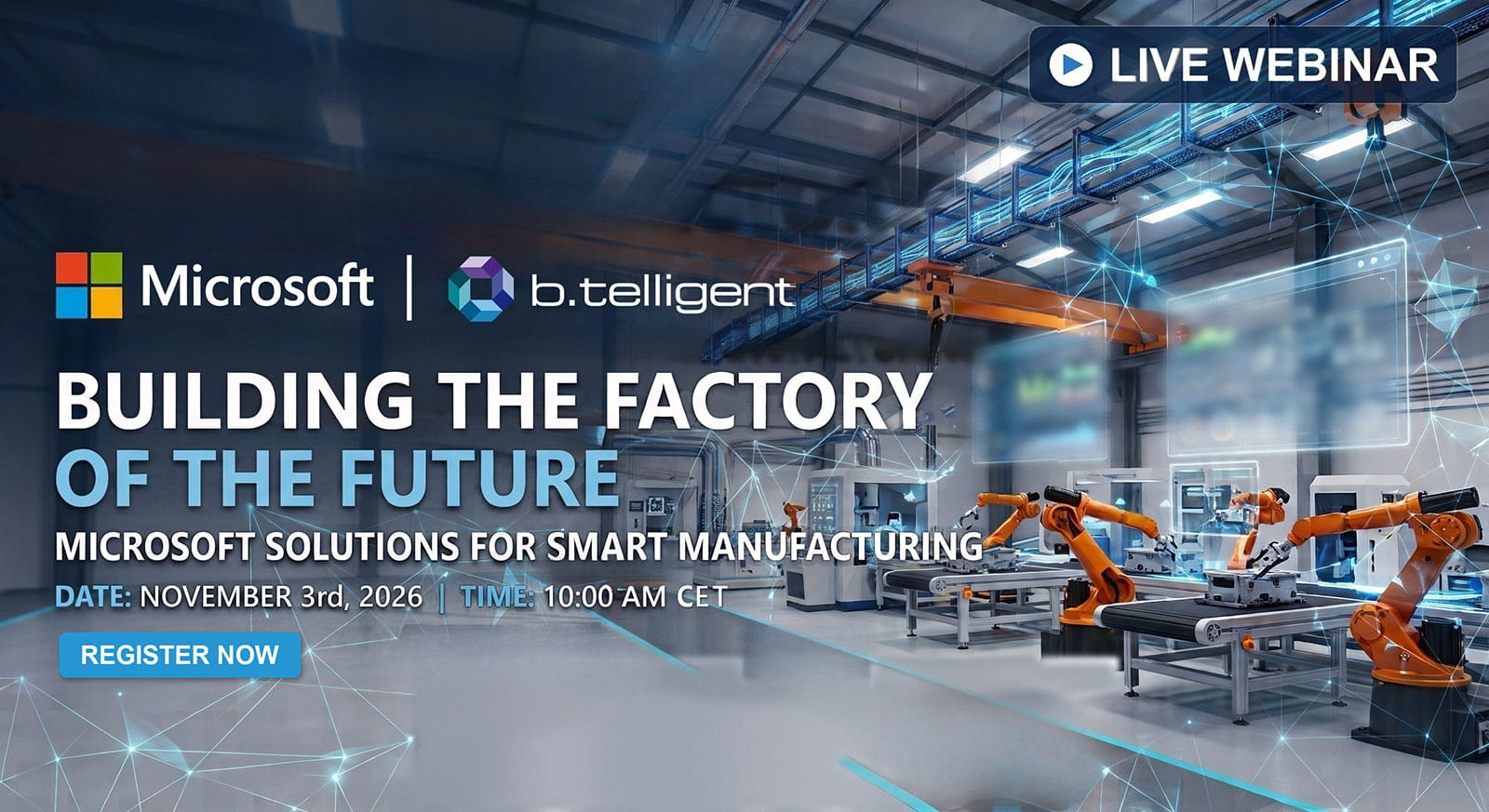 Webinar-Banner von Microsoft und b.telligent zu Smart Manufacturing
