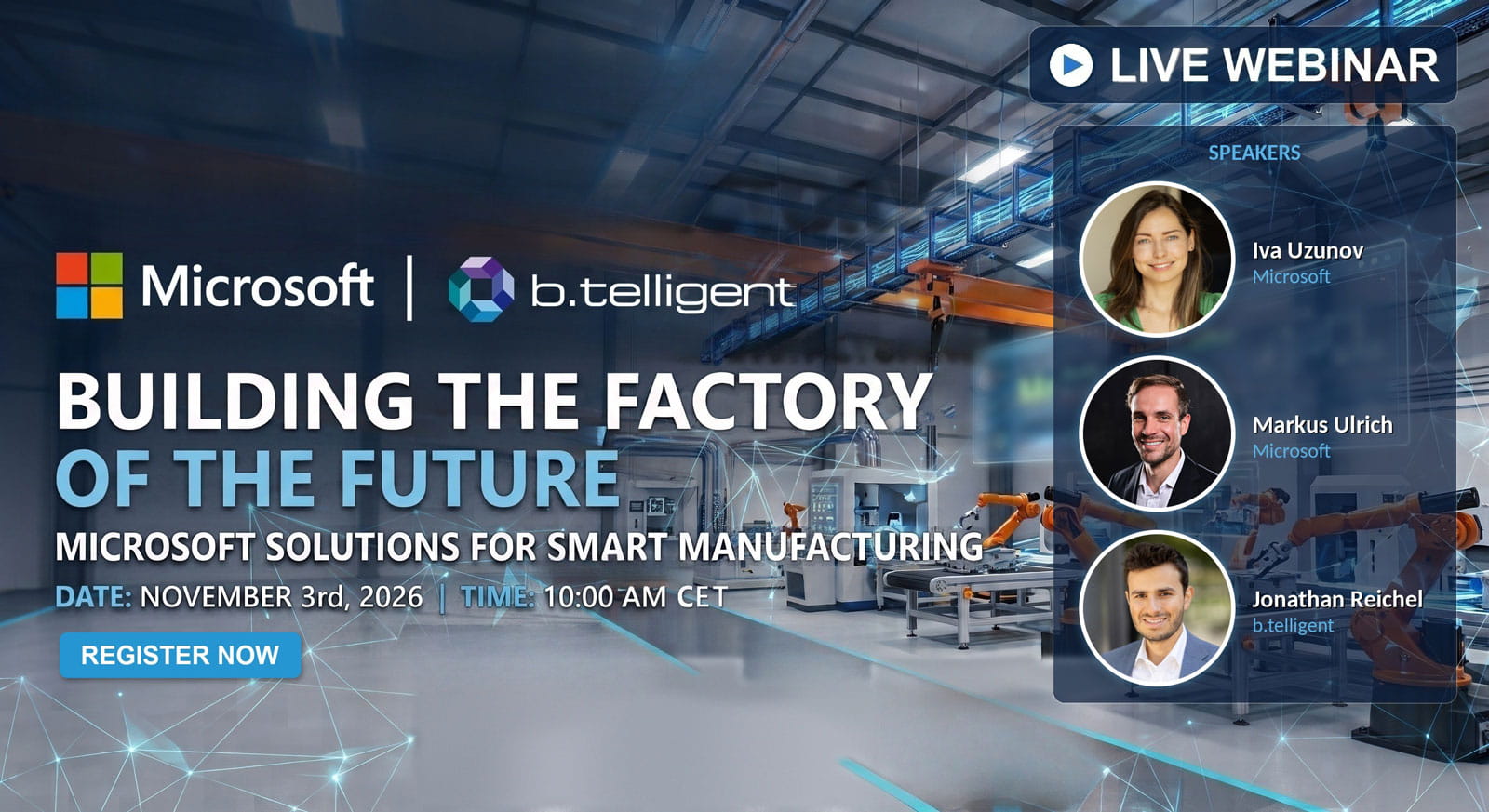 Webinar-Banner von Microsoft und b.telligent zu Smart Manufacturing