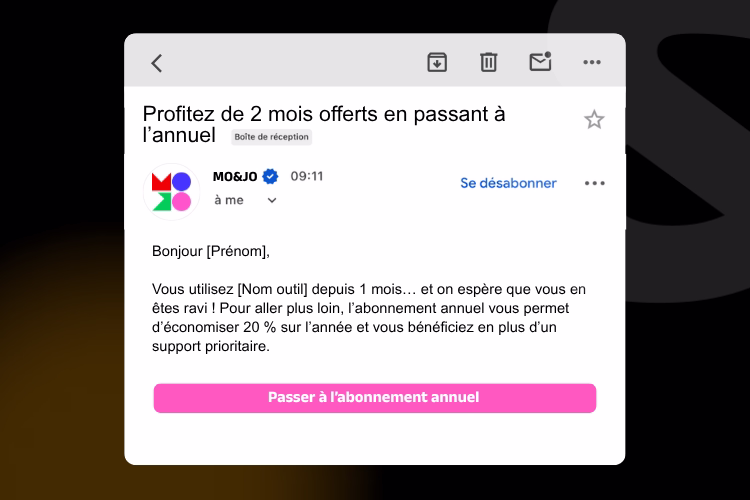 Modèle d'email d'up-selling, passer à une offre annuel 