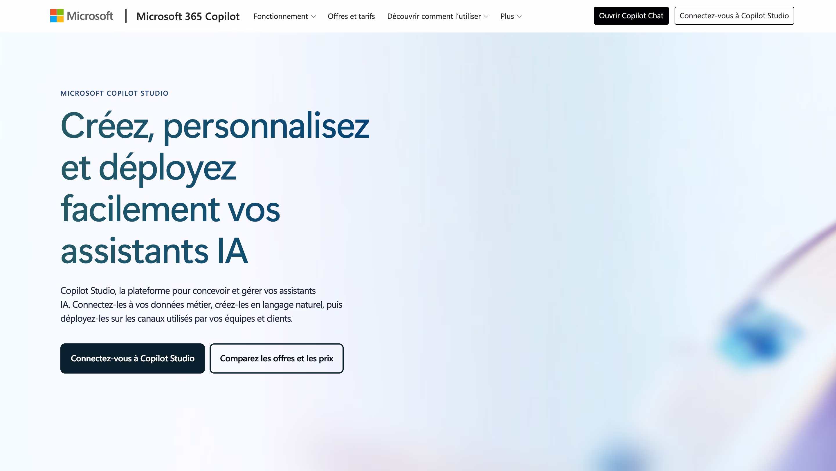 Capture d'écran Microsoft Copilot Studio