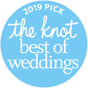 Blue circular badge with white text reading '2019 Pick the knot best of weddings'.