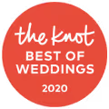The Knot Best of Weddings 2020 award badge in white text on a red circle background.