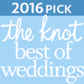 Badge with text '2016 Pick the knot best of weddings' on a blue and white background.