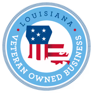 Seal with the outline of Louisiana decorated with stars and stripes, encircled by the text 'Louisiana Veteran Owned Business.'