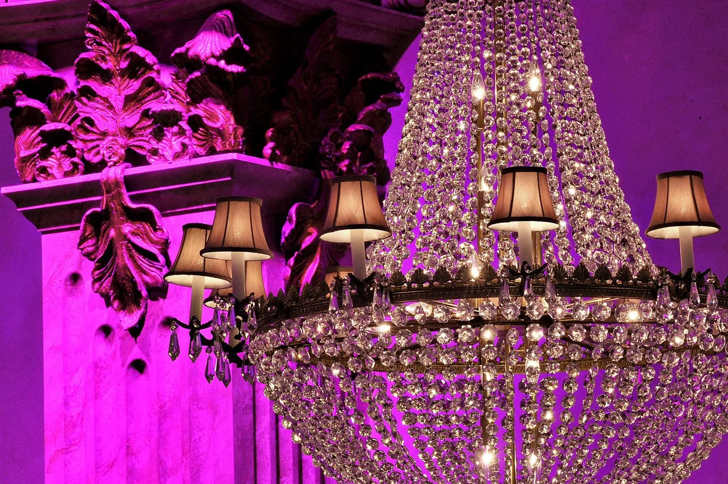 Elegant crystal chandelier with small lampshades illuminated against a pink-lit ornate wall.