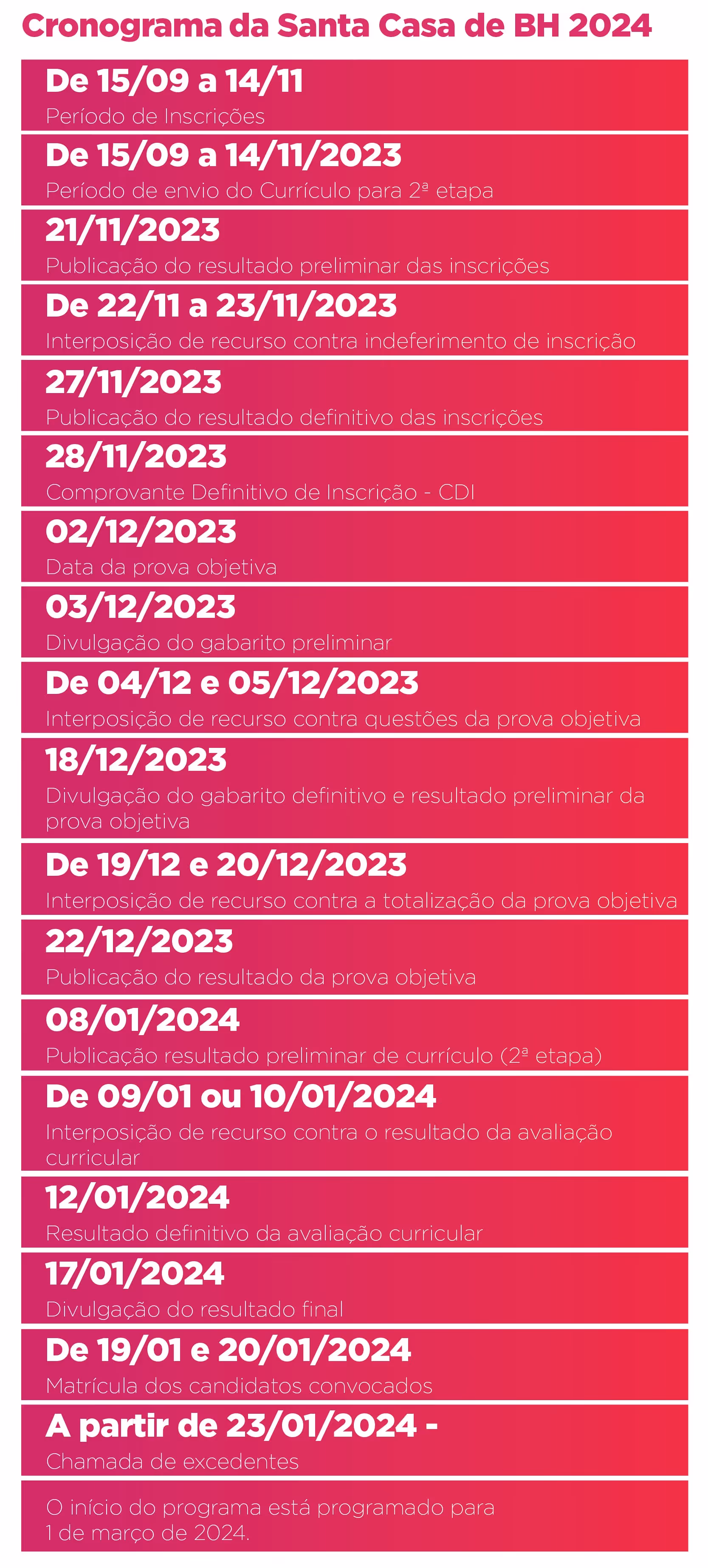 Schedule of Santa Casa de BH 2024 with key dates from Sept 15, 2023, to Jan 23, 2024, for registrations and results.