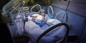Newborn baby in a neonatal incubator with medical monitoring equipment in a hospital setting.