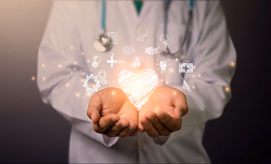 Doctor holding glowing heart and medical icons representing health care and healing.