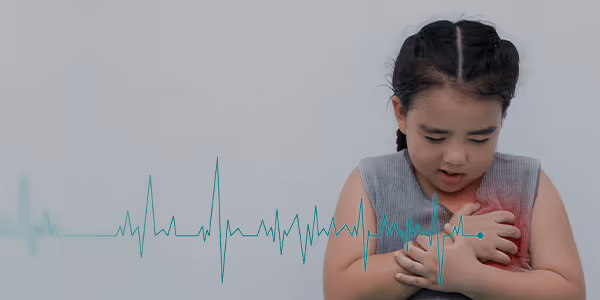 Young girl clutching her chest with a digital heart rate line overlay on a gray background.