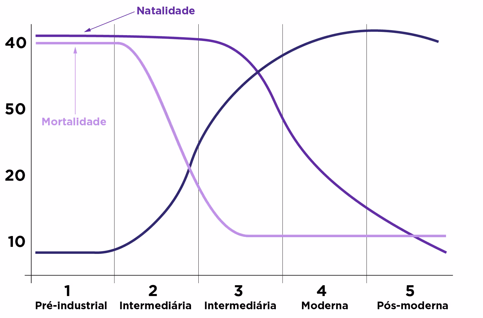 Graph showing birth and death rates through five stages: pre-industrial to post-modern with labeled lines.