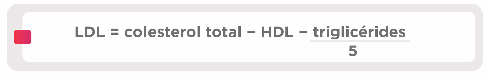 Formula for calculating LDL cholesterol: total cholesterol minus HDL minus triglycerides divided by 5.