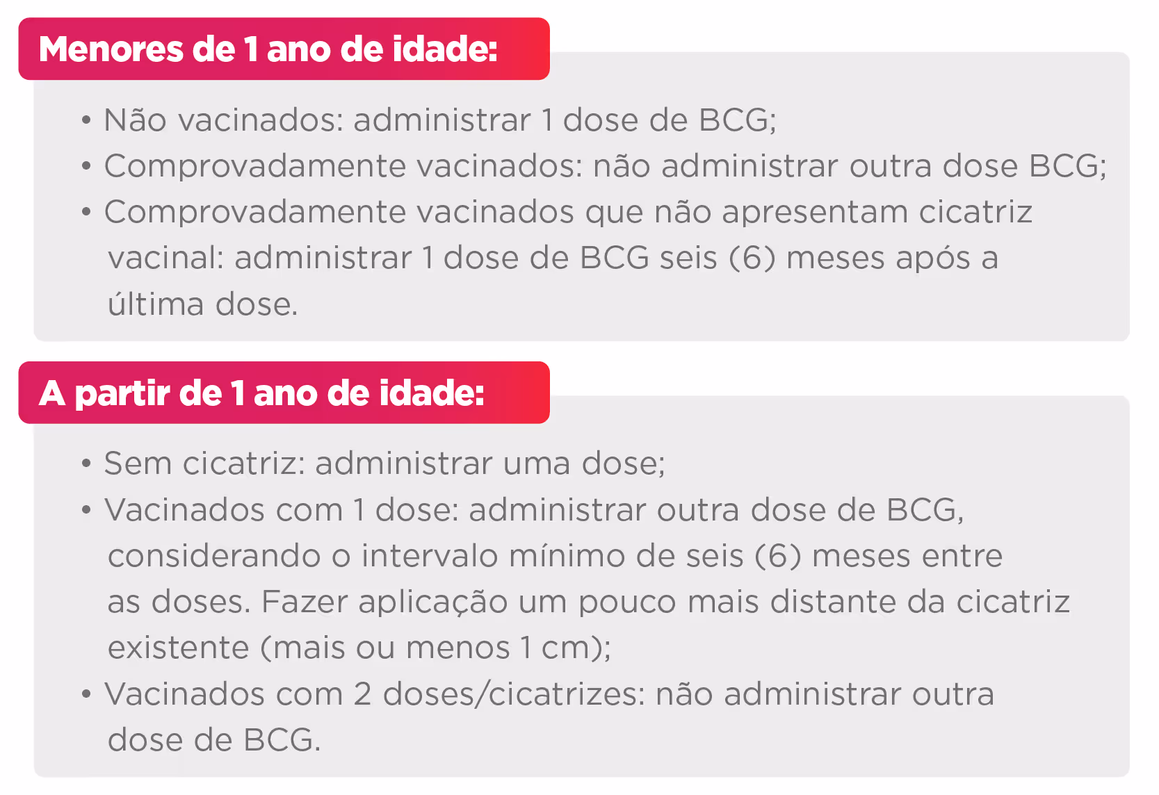 Guidelines for BCG vaccination: under 1 year get 1 dose if unvaccinated; over 1 year doses depend on scar presence.