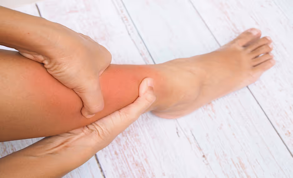Person holding a red, inflamed lower leg, indicating pain or injury.