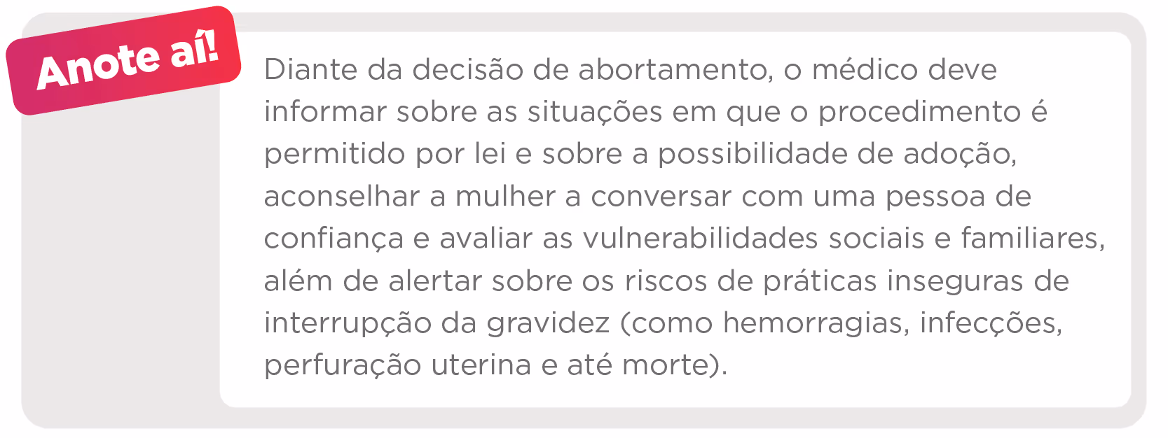 Text box titled 'Anote aí!' advising doctors to inform about legal abortion, adoption, risks, and social support.