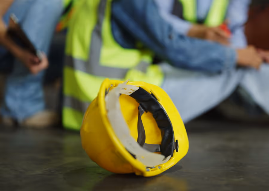 Yellow construction helmet on ground with workers wearing safety vests sitting blurred in background.