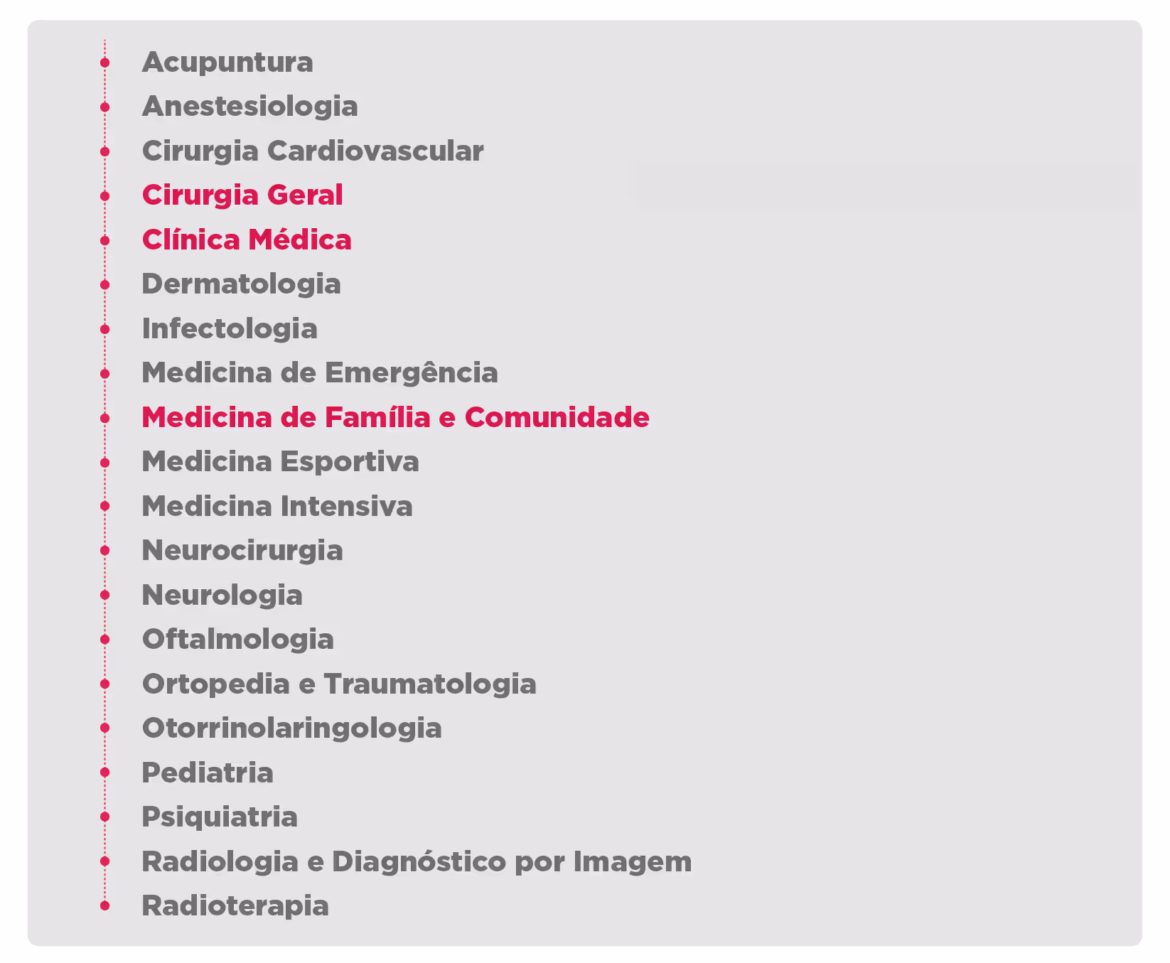 List of medical specialties including Cirurgia Geral, Clínica Médica, and Medicina de Família e Comunidade in bold red.