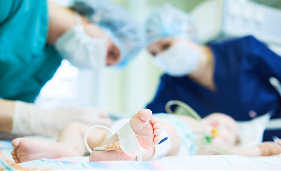 Close-up of a newborn's foot with medical tape and monitors, with two masked healthcare workers in background.