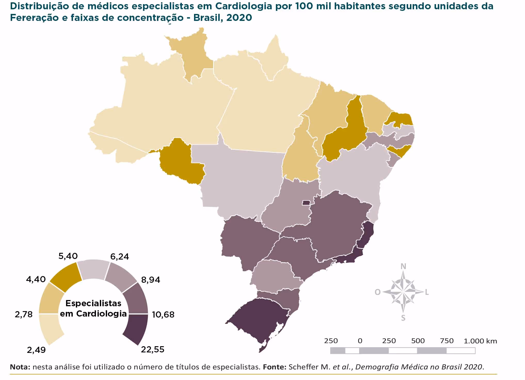 Brazil map showing cardiology specialists per 100,000 by region, 2020, with a concentration legend.