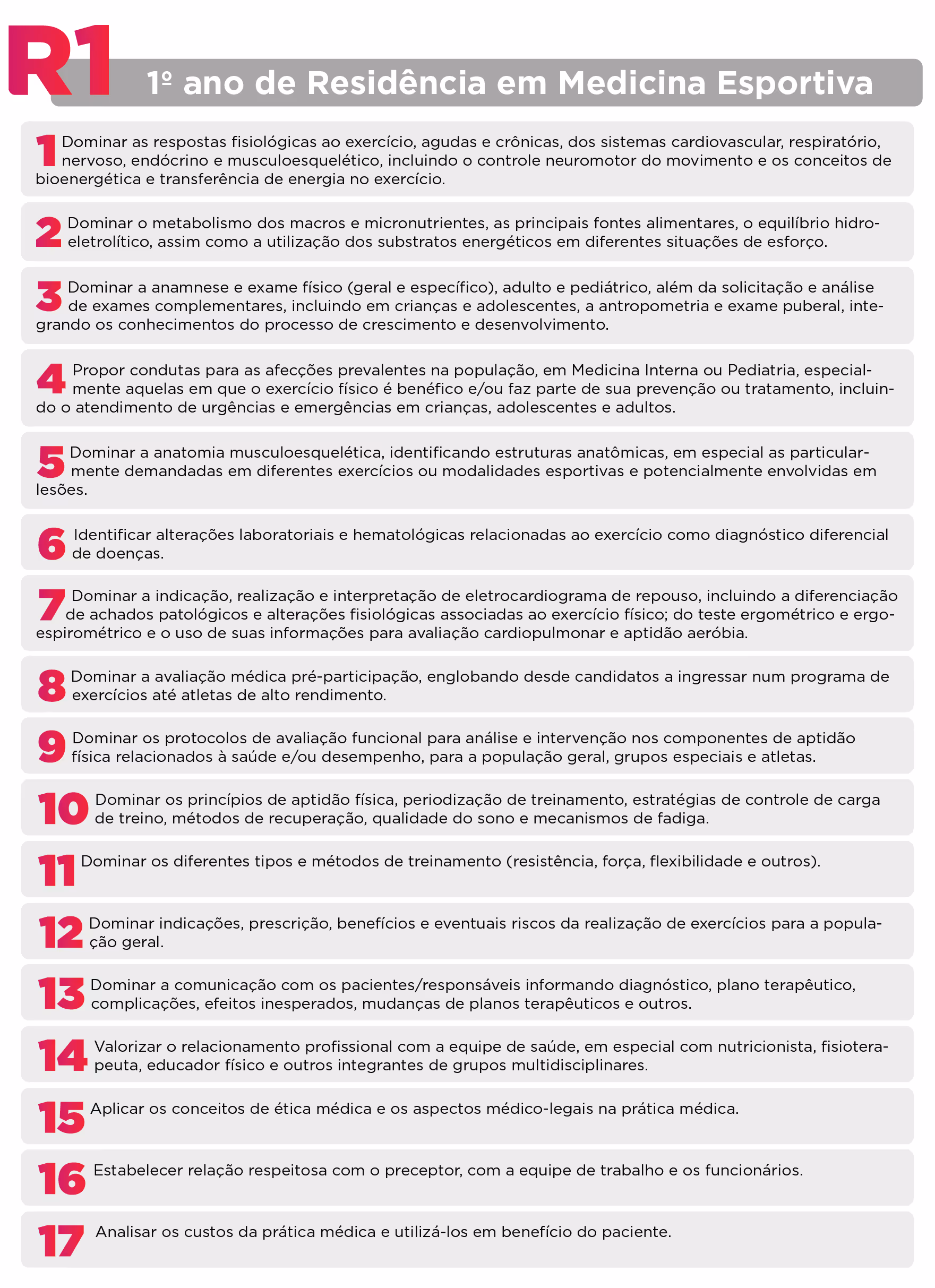List of 17 learning objectives for first-year residency in sports medicine in Portuguese.