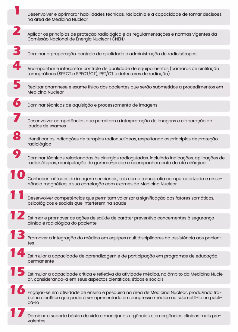 List of 17 objectives for medical training in nuclear medicine, focusing on skills, safety, and patient care.