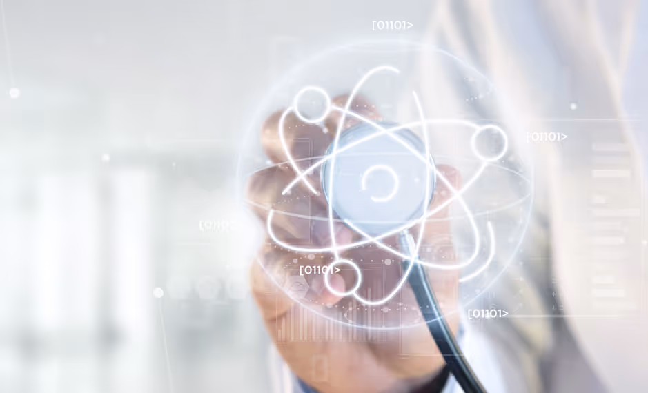 Doctor holding a stethoscope with an atom and digital medical graphics overlay.