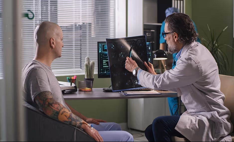 Doctor showing brain scan images on an X-ray film to a tattooed male patient in a medical office.