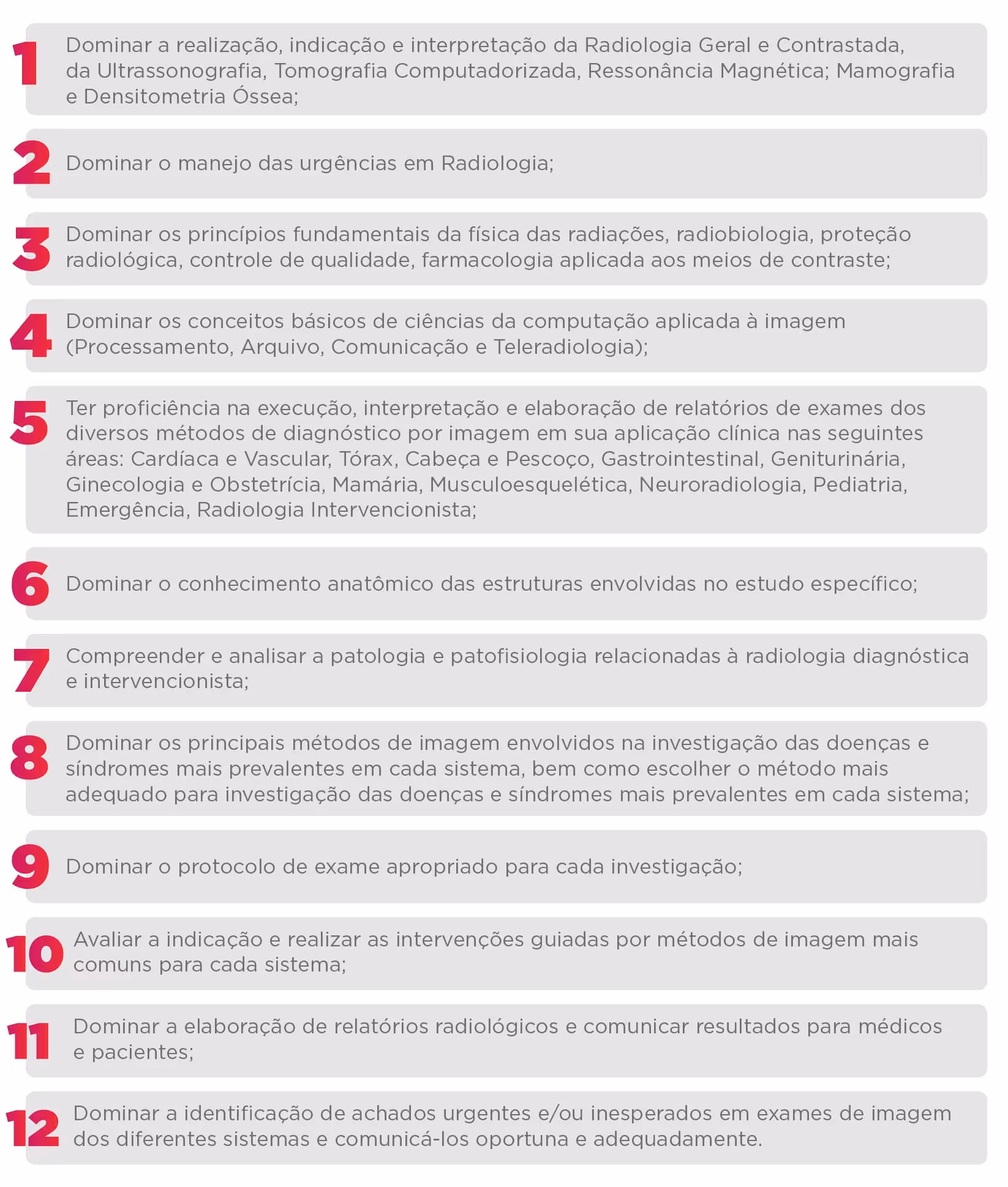 List of 12 radiology residency learning objectives in Portuguese with numbered red icons.