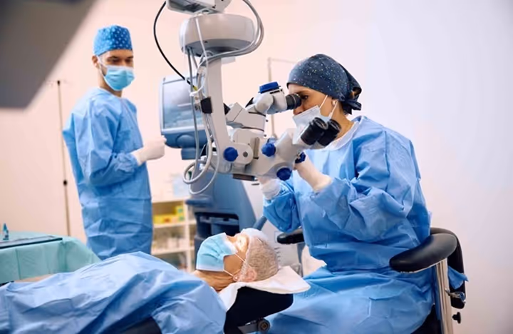 Medical professionals wearing masks and scrubs performing eye surgery using a microscope on a patient.