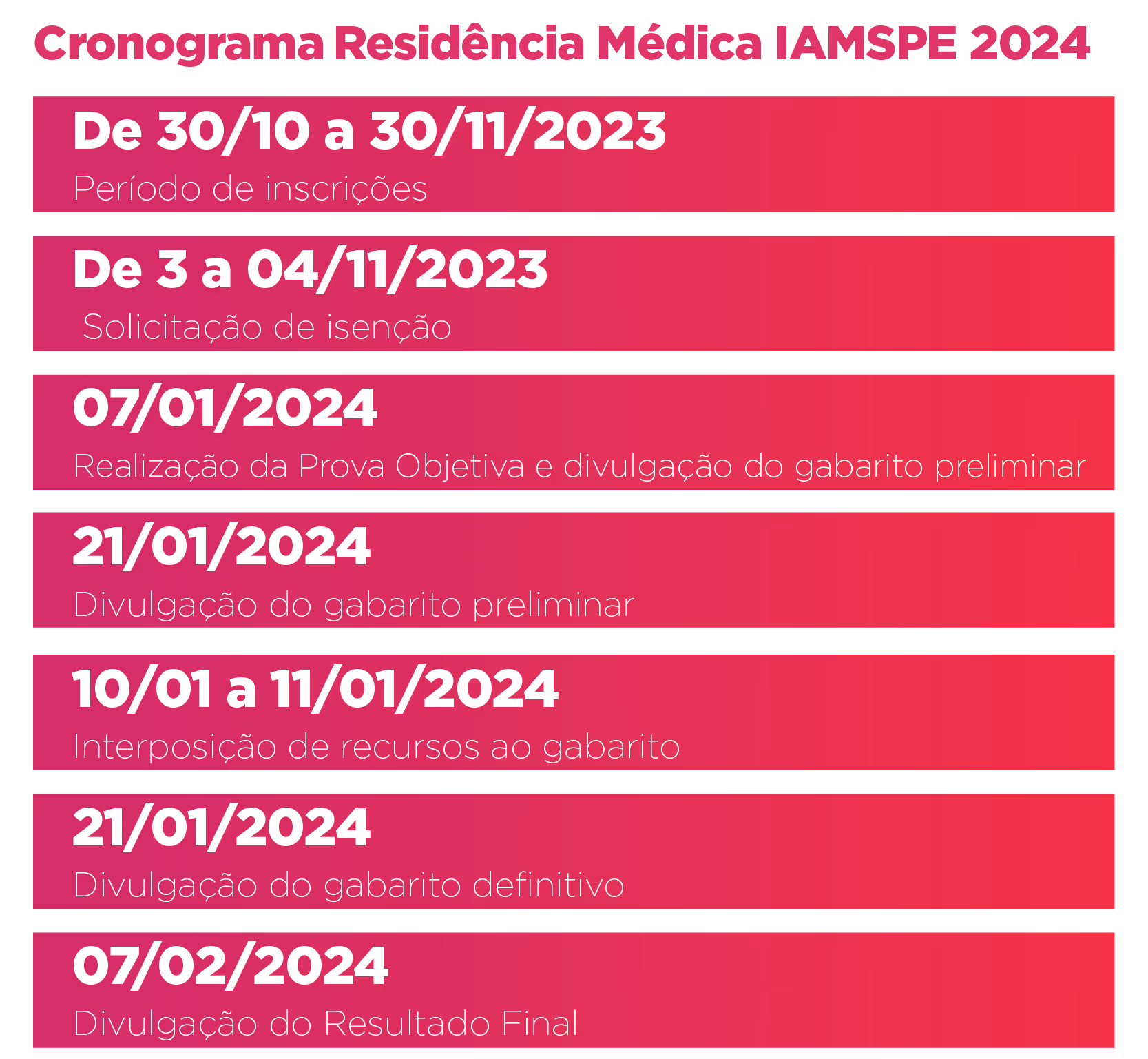 Timeline for IAMSP Medical Residency 2024 showing key dates from Oct 30, 2023 to Feb 7, 2024 in Portuguese.