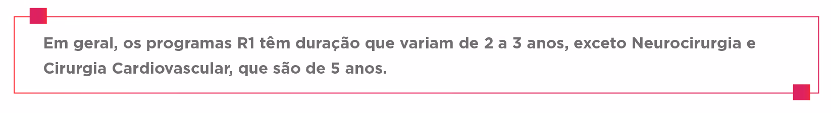 Text in Portuguese about R1 program durations, 2-3 years except neurosurgery and cardiovascular surgery which are 5 years.