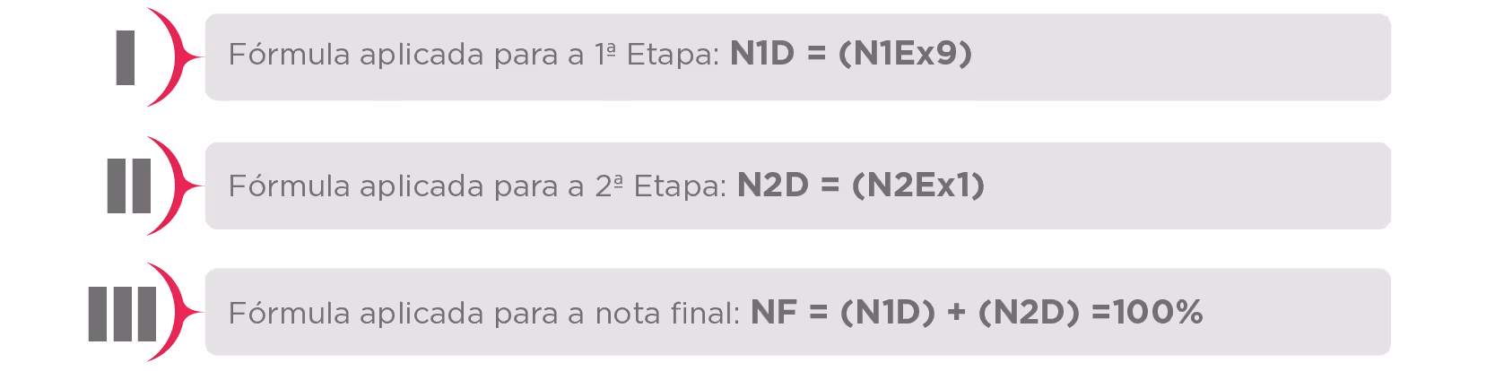 Three formulaic steps in Portuguese: N1D=(N1Ex9), N2D=(N2Ex1), NF=(N1D)+(N2D)=100%