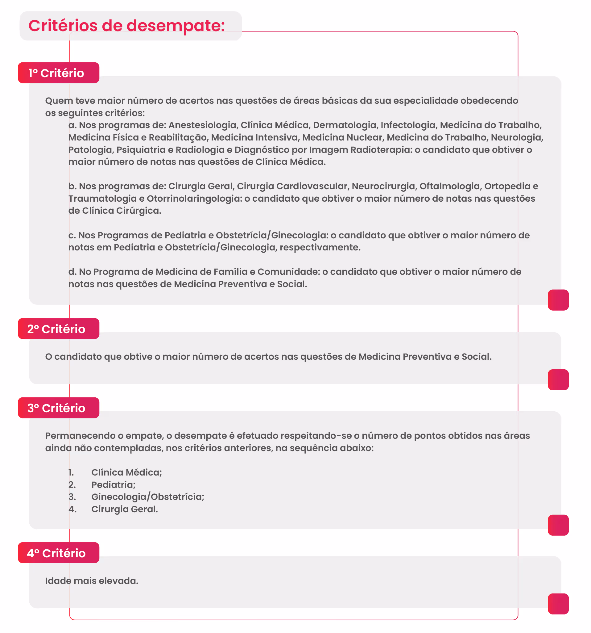 Text listing four tiebreak criteria for specialties, focusing on correct answers and age as last criteria.