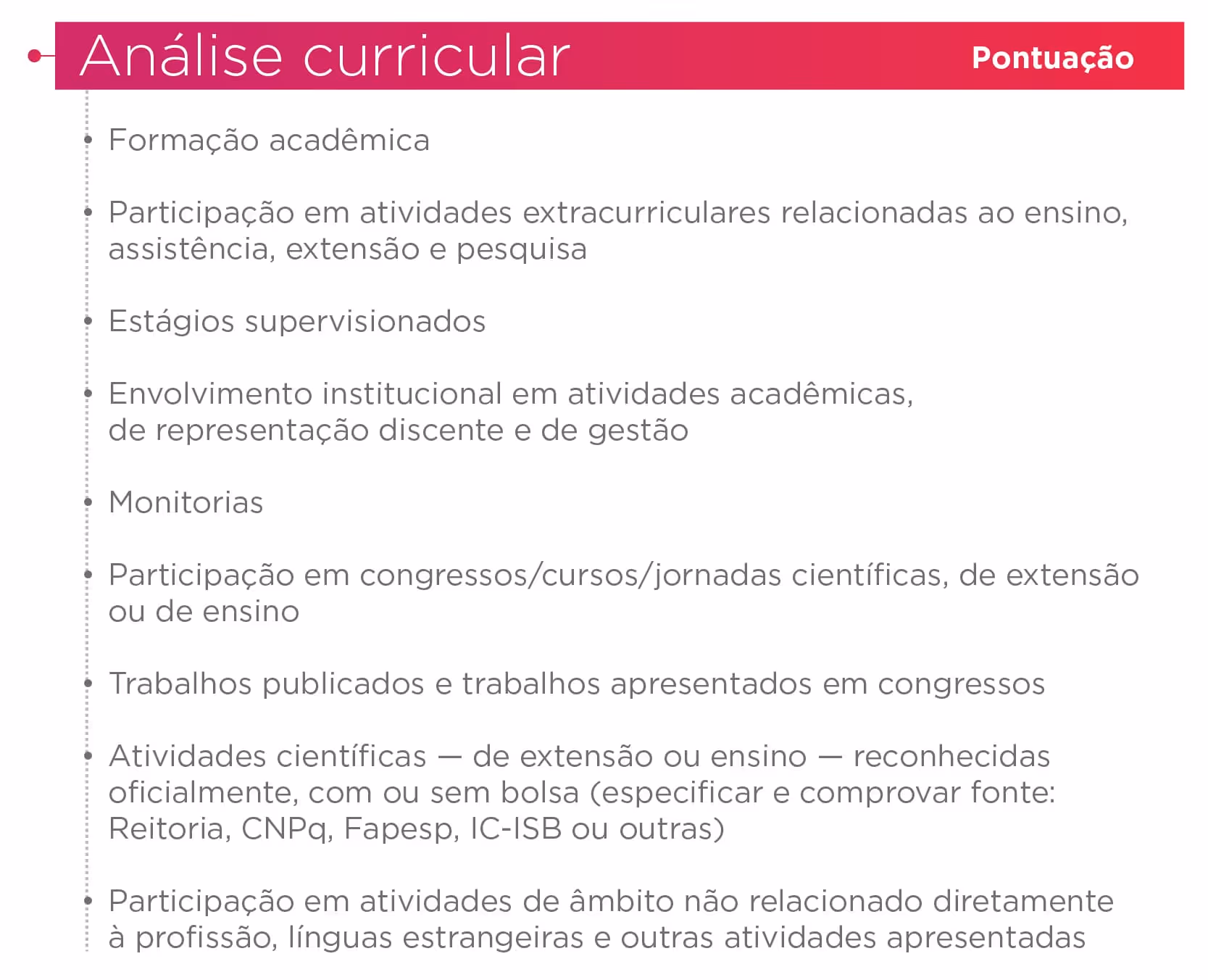 List titled Análise curricular with academic and extracurricular activity categories for evaluation scoring.