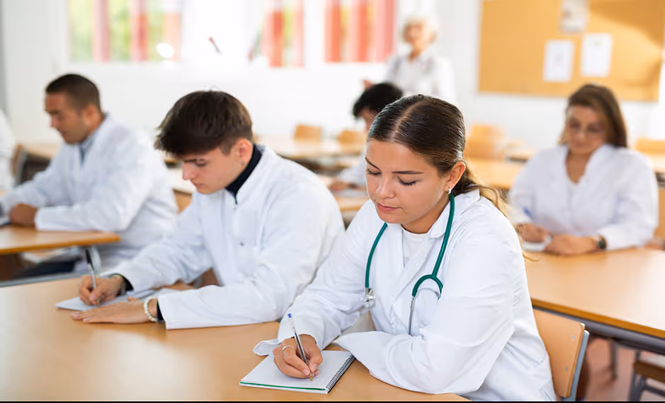 Medical students in white coats writing notes in a classroom setting.