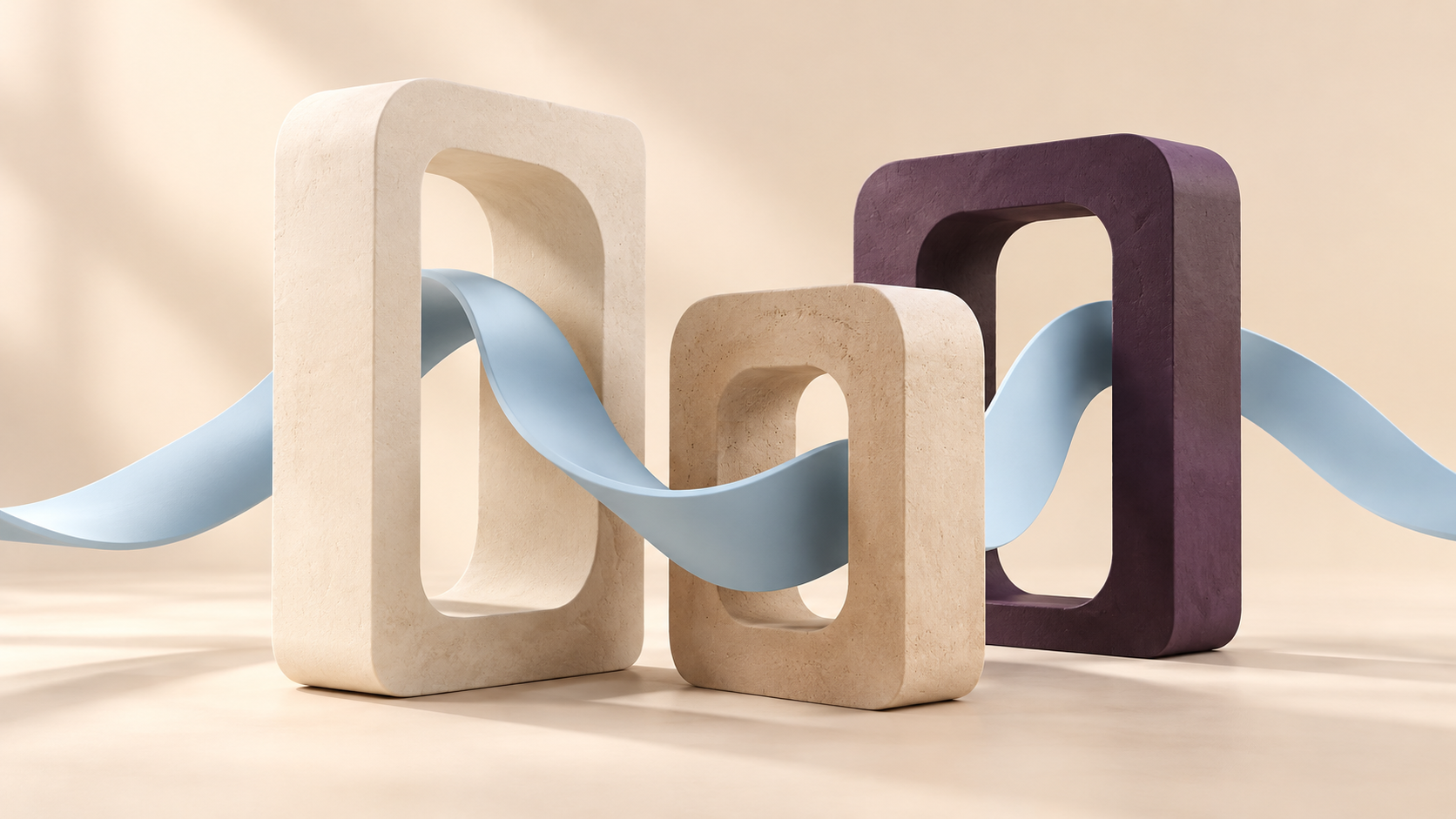 A light-blue ribbon follows a clear path through three sculptural arches in cream, sand and plum.