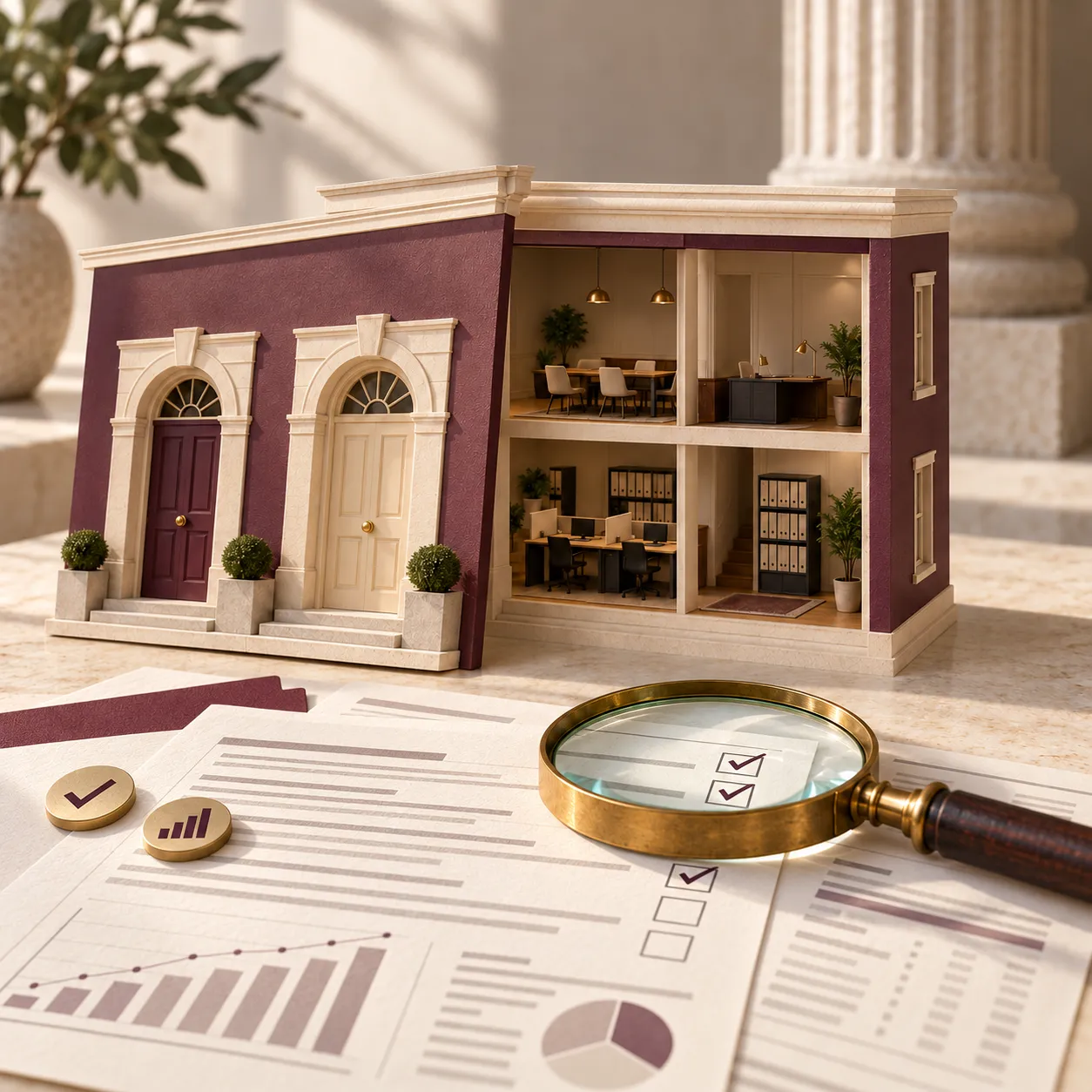 A financial compliance checklist and magnifying glass beside a cutaway office, illustrating an audit and health check.