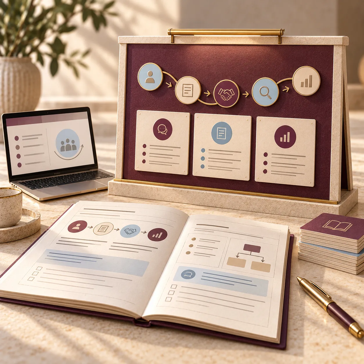 A professional training board, customer-journey learning cards and workbook for practical credit-broking training.