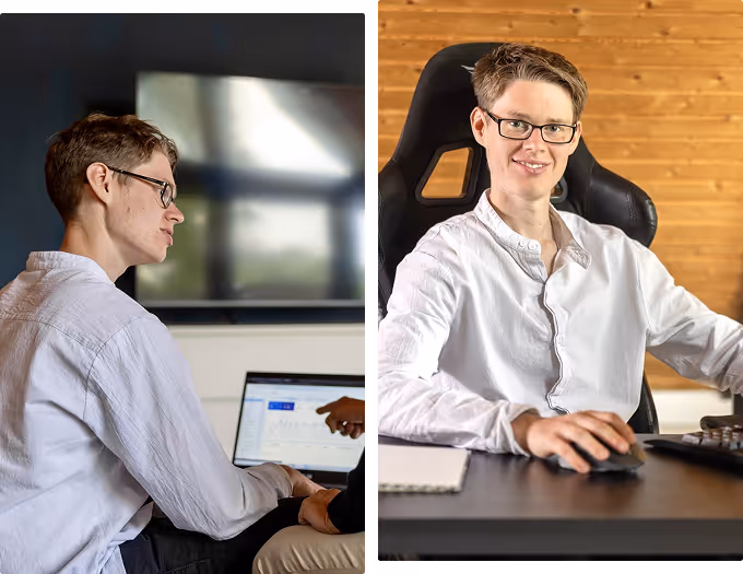 Jannis Timm zeigt einem Kunden eine Website auf einem Laptop - Jannis Timm arbeitet an einer Website