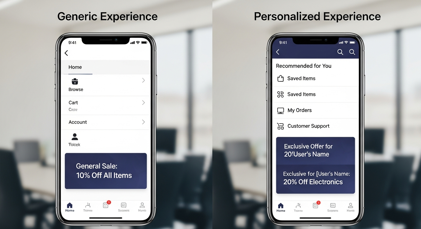 Split screen showing generic vs personalized mobile app experiences with customized menu recommendations and targeted offers
