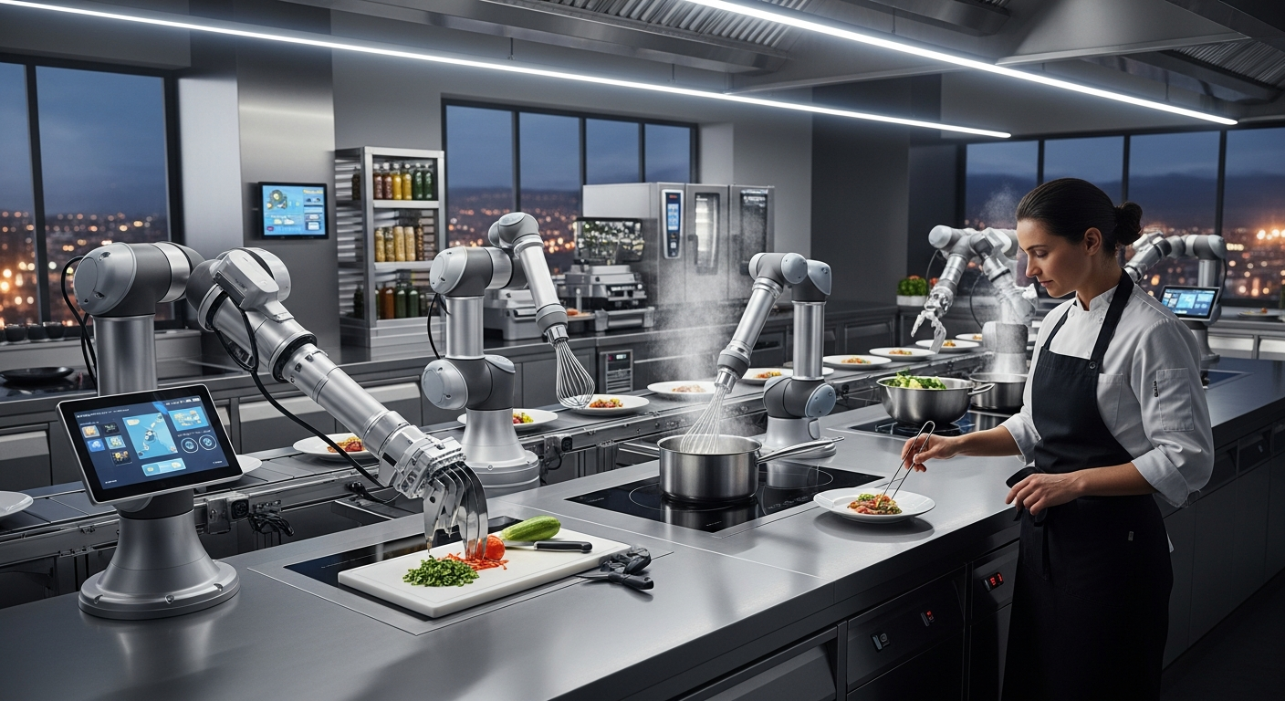Chef working alongside robotic kitchen equipment in modern restaurant kitchen showing human-AI collaboration