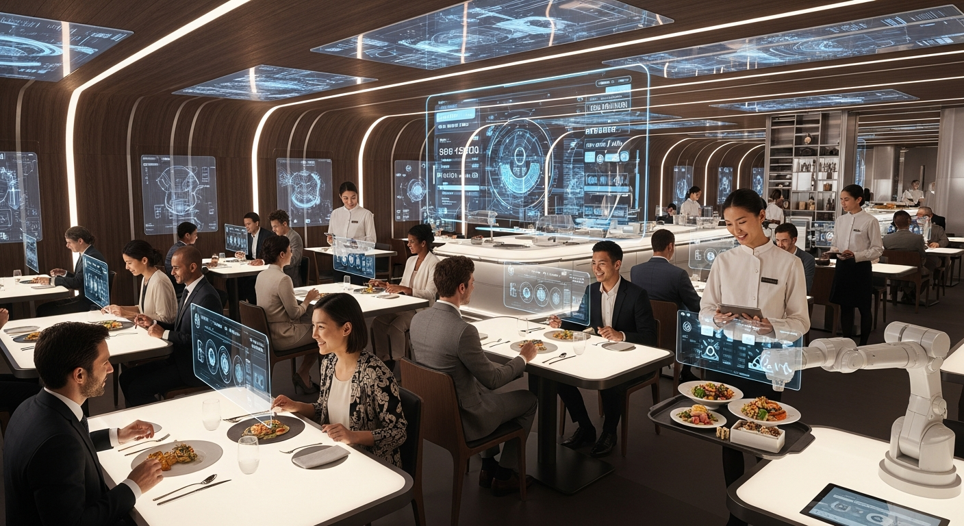 Restaurant of the future showing seamless integration of AI, mobile ordering, personalized experiences, and automated operations with happy customers and efficient staff