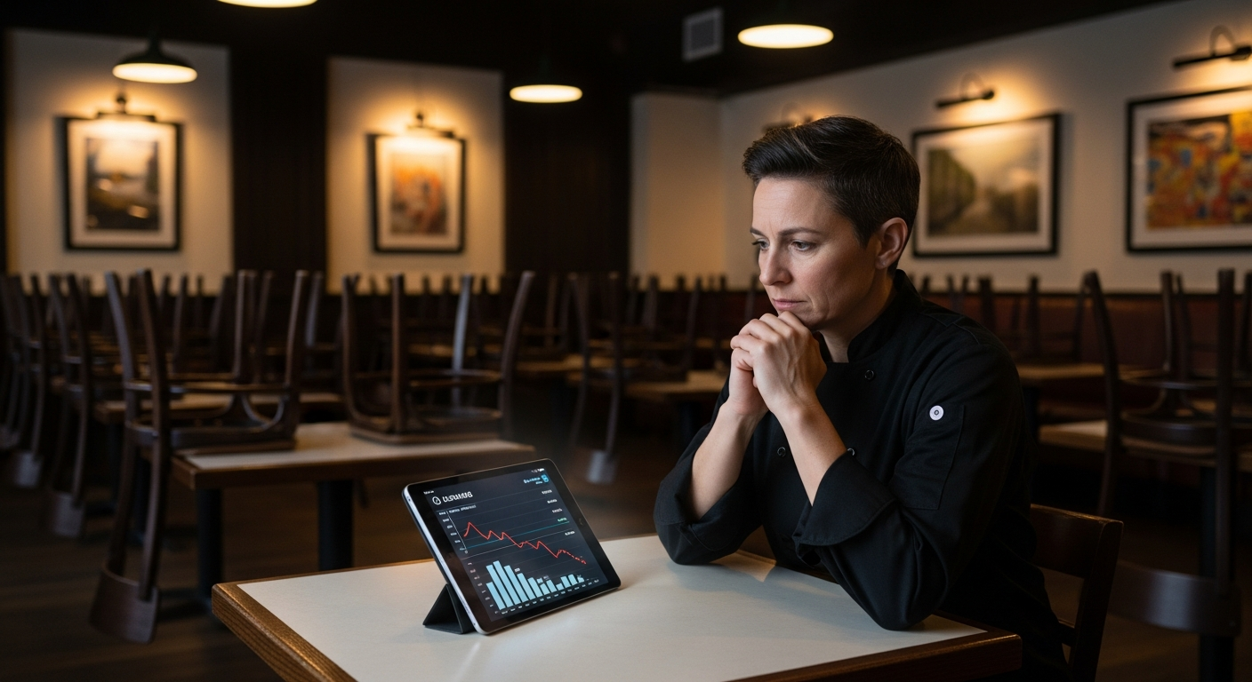Restaurant owner looking at declining customer metrics on a tablet, with empty tables in the background
