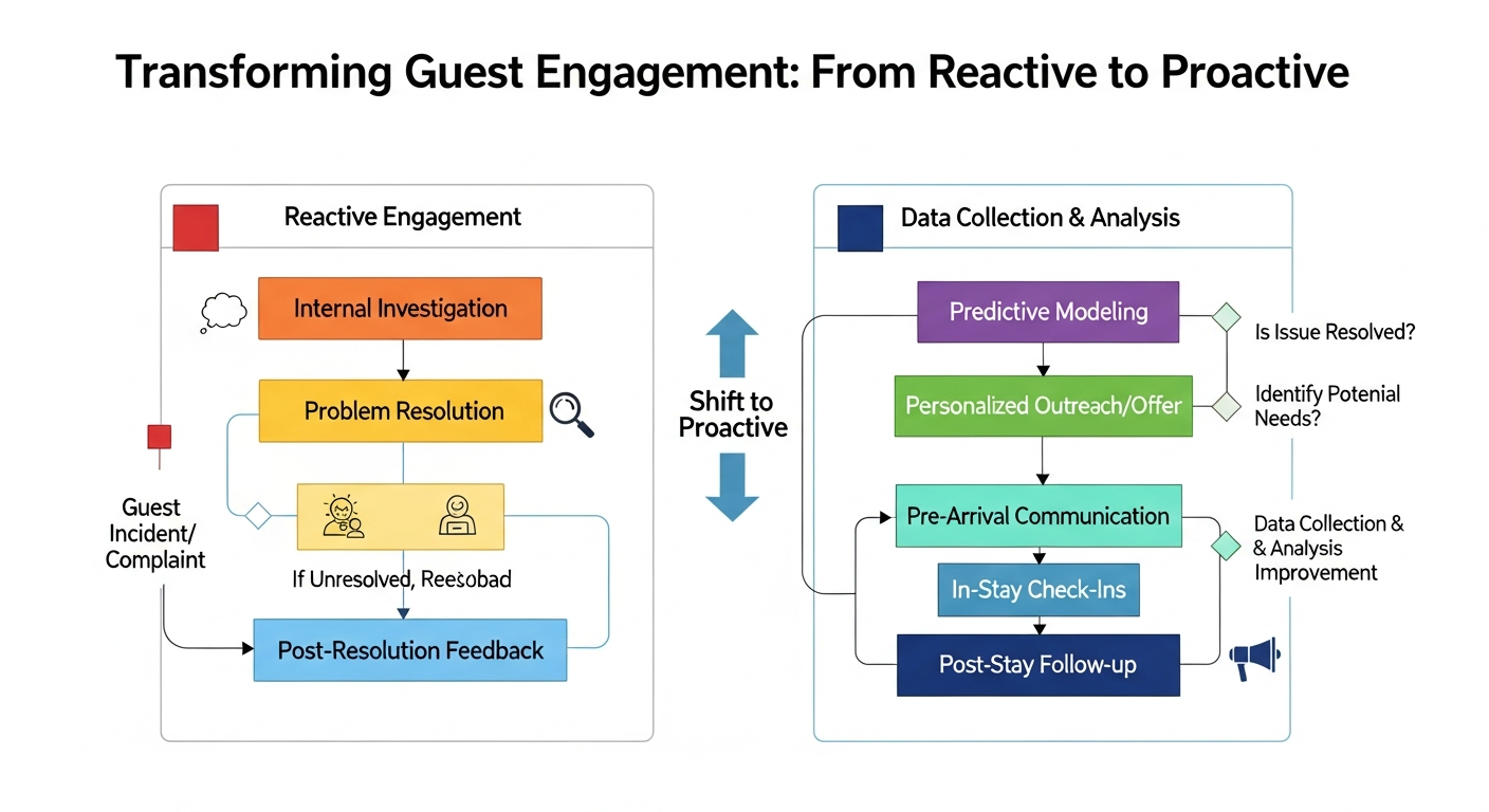 Process flow diagram showing the transformation from reactive to proactive guest engagement