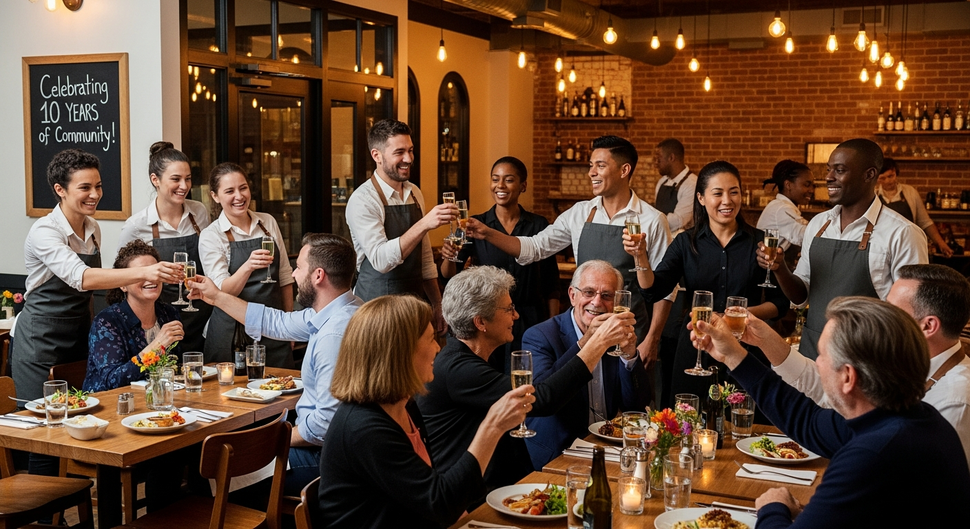 Restaurant team celebrating with loyal customers in a warm, community-focused environment