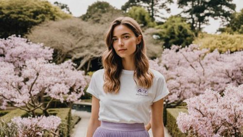 A girl wears a S.A.C. white tee in a garden
