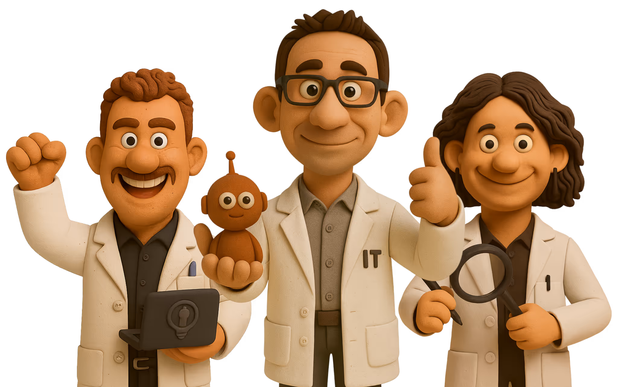 Novabridge team members in Labcoat, cheering, being happy to assist