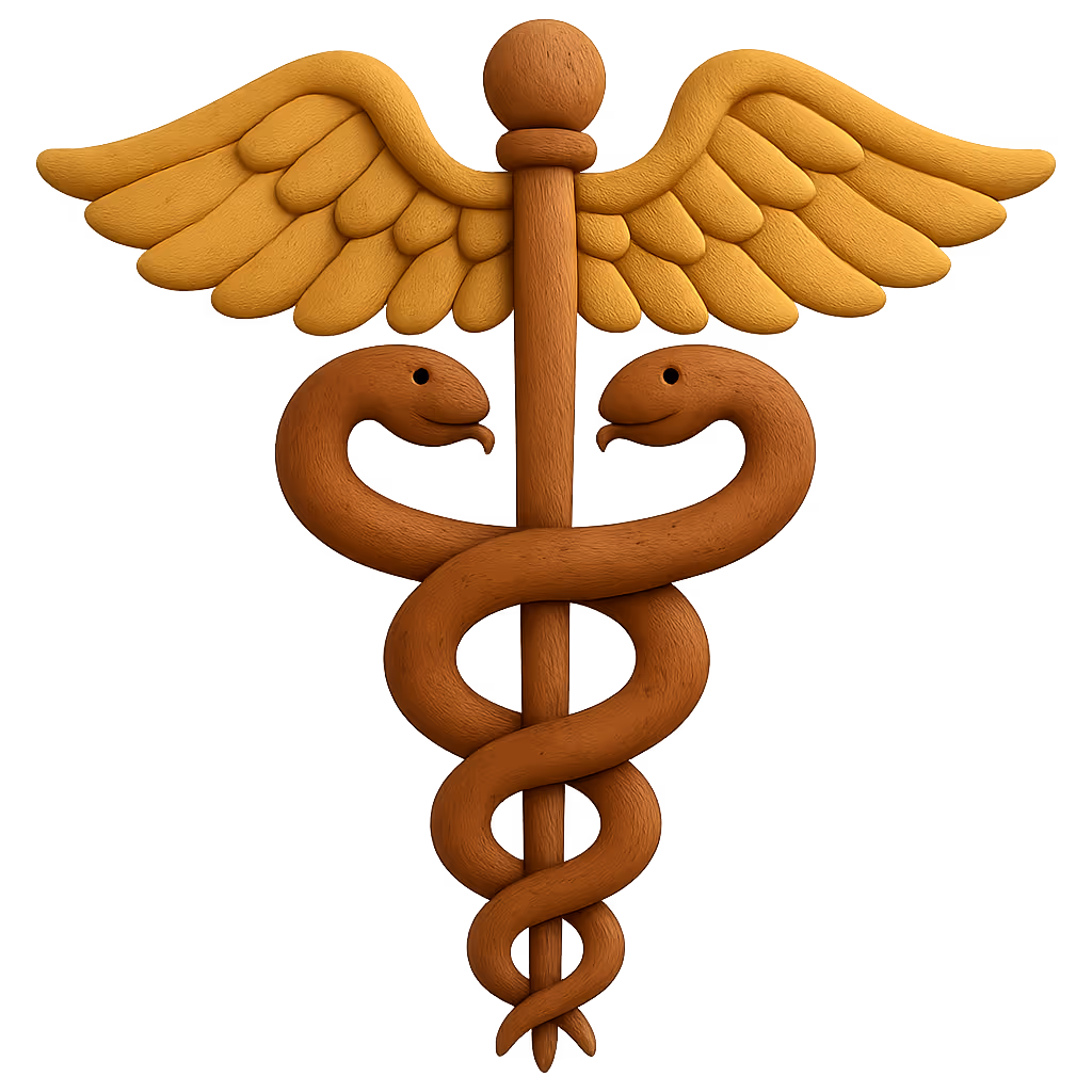 Medical symbol of 2 snakes wrapping around a stick with wings