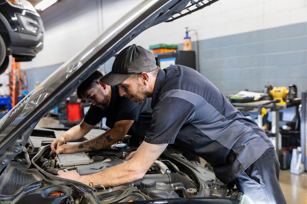 Multiple Car Life Technicians Servicing a Fleet Vehicle